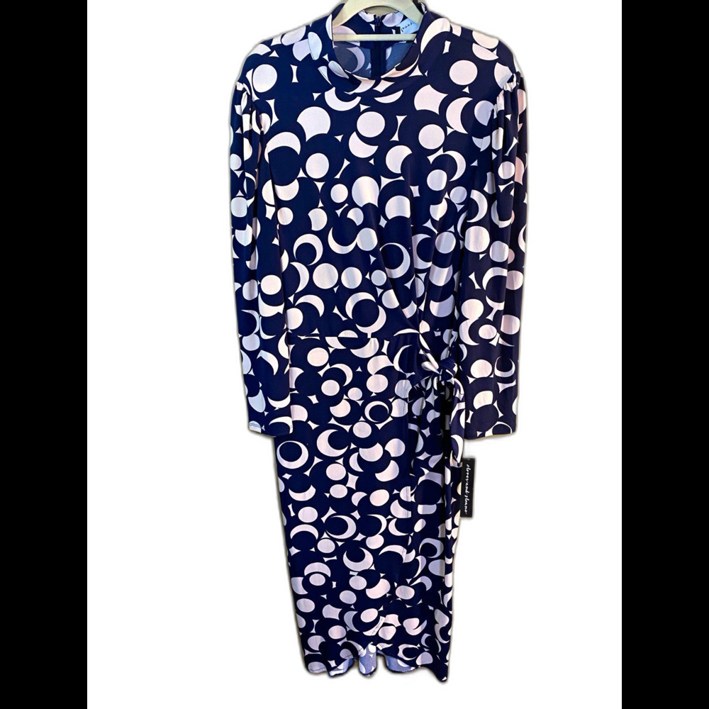 Clover and Sloane Navy/Cream Geometric Wrap Midi Dress Long Sleeve Size 10